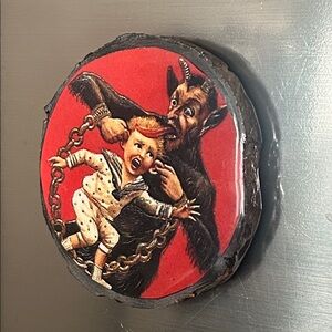 Alpine Folklore Illustration Magnet  — Red & Black Krampus Wood Art